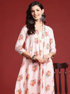 Indo Era Floral Printed Threadwork Detailed Panelled A-Line Kurta