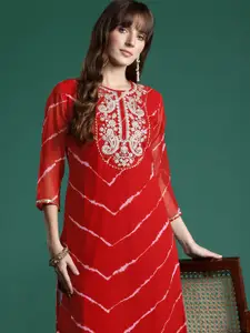 Indo Era Leheriya Print Zari & Mirror Embroidered Straight Georgette Kurta