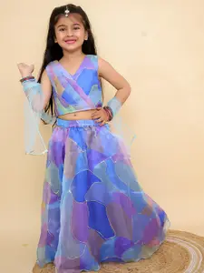 BAESD Girls Abstract Printed Ready to Wear Organza Lehenga & Blouse With Dupatta