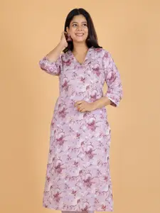 Aramya Floral Printed V-Neck Pure Cotton Straight Kurta