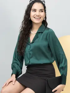 PURYS Women Standard Cuban Collar Solid Casual Shirt