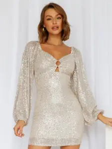 bebe Sequin Sweetheart Neck Cut-Out Balloon Sleeve bodycon Mini Dress