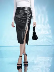 bebe Women Faux Leather Embellished Detailed Skirt