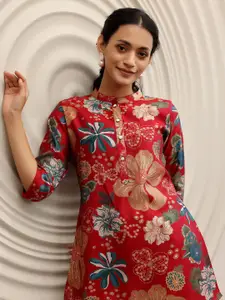Libas Women Red Floral Printed Mandarin Collar Three-Quarter Sleeves Kurti