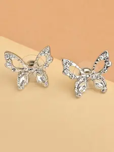 ToniQ Silver-Plated Cubic Zirconia Studded Butterfly Studs Earrings