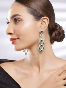 Rubans Rhodium Plated Emerald Green & Cubic Zirconia Studded Chandelier Earrings