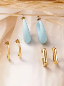 Rubans Set of 3 Earrings with Gold Plated Hoops, Blue Teardrop, and Geometric Design