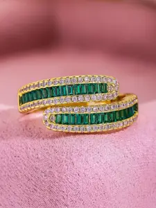 Rubans 18K Gold Plated Emerald Green Baguette Cubic Zirconia Studded Adjustable Ring