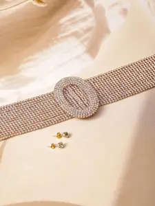 Rubans 18K Gold Plated Crystal AD & Zirconia Studded MultiStrand Statement Choker Necklace