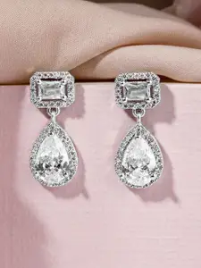 Rubans Rhodium Plated White Baguette Cubic Zirconia Studded Teardrop Earrings