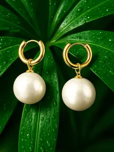Rubans Voguish Rubans 18K Gold Plated Hoop Earrings with Oversized Cream Pearl Drops