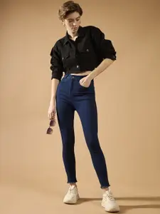 Roadster The Lifestyle Co.Women Skinny High Rise Solid Fringed Hemline Stretchable Denim Jeans