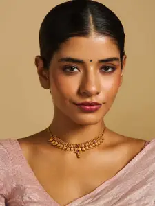 Kushal's Fashion Jewellery 92.5 Pure Silver Gold-Plated Stones Studded Temple Necklace