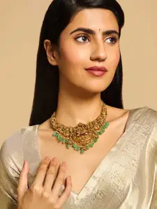 Kushal's Fashion Jewellery 92.5 Pure Silver Gold-Plated Stone Studded Temple Necklace