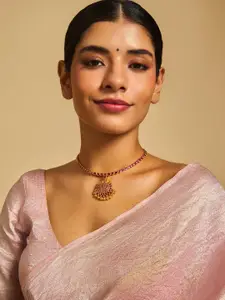 Kushal's Fashion Jewellery 92.5 Pure Silver Gold-Plated Stone Studded Temple Necklace