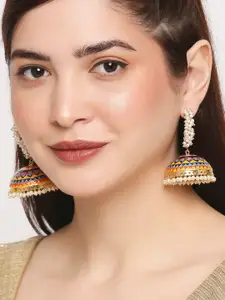 OOMPH Metal Kundan Beaded Meenakari Dome Shaped Jhumkas Earrings