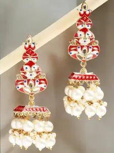 OOMPH Metal Kundan & Pearls Beaded Meenakari Dome Shaped Jhumkas Earrings