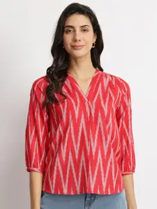 Pink Fort Women Abstract Printed V-Neck Cotton Top