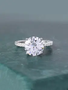 Ornate Jewels 925 Sterling Silver Rhodium-Plated AD & Solitaire Studded Finger Ring