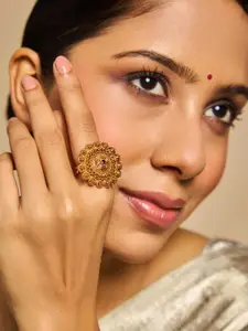 Kushal's Fashion Jewellery Gold-Plated Stone-Studded Antique Adjustable Finger Ring