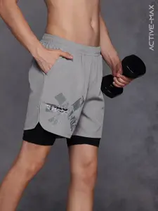 HRX by Hrithik Roshan Men Brand Logo Printed Double Layer Gym Shorts