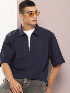 Kook N Keech Half-Zip Polo Collar Drop Sleeve Relaxed Fit T-shirt