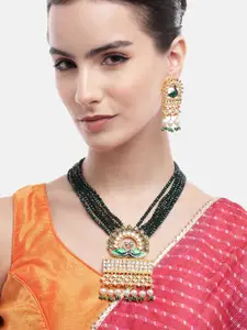 Anouk Kundan Green Drops Layered Premium Golden Peacock Pendent Necklace Set