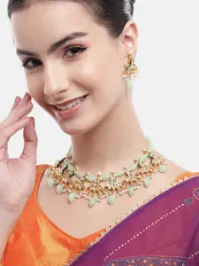 Anouk Gold-Plated Lotus Mint Drop Earrings Kundan Necklace Set