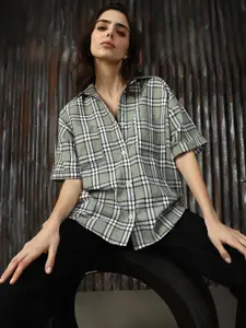 High Star Women Classic Spread Collar Tartan Checked Cotton Oversized Casual Shirt