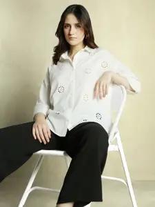 DL Woman Schiffli Spread Collar Relaxed Fit Cotton Casual Shirt