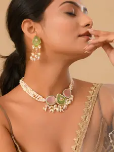 DASTOOR Gold Plated Kundan Stones Studded & Beaded Necklace & Earrings