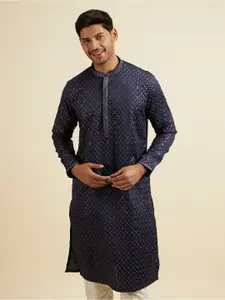Manyavar Geometric Embroidered Sequinned Mandarin Collar Satin Straight Kurta with Pyjamas