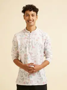 Manyavar Floral Printed Mandarin Collar Cotton Straight Kurta