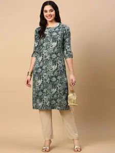 SHOWOFF Floral Printed Roll-Up Sleeves Cotton Straight Kurta
