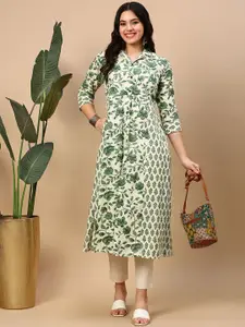 SHOWOFF Floral Printed Shirt Collar Cotton A-Line Kurta