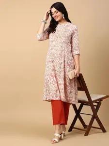 SHOWOFF Floral Printed Roll-Up Sleeves Cotton A-Line Kurta