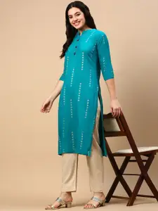 SHOWOFF Floral Printed Mandarin Collar Cotton Straight Kurta