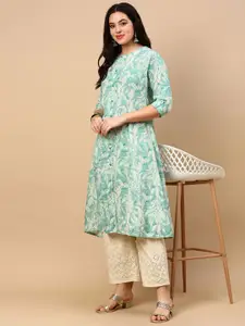 SHOWOFF Floral Printed Round Neck Roll Up Sleeves Cotton A-Line Kurta