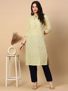 SHOWOFF Floral Printed Tie Up Neck Cotton Straight Kurta
