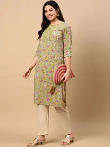 SHOWOFF Floral Printed Thread Work Cotton Straight Kurta
