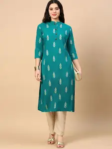 SHOWOFF Ethnic Motifs Printed Mandarin Collar Cotton Straight Kurta