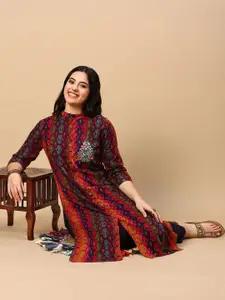 SHOWOFF Ethnic Motifs Printed Thread Work Cotton Straight Kurta