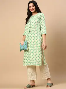 SHOWOFF Animal Printed Tie-Up Neck Cotton Straight Kurta