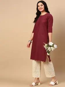 SHOWOFF Floral Embroidered Round Neck Cotton Straight Kurta