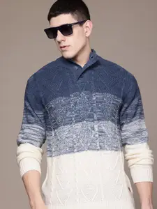 Roadster Men Cable Knit Colourblocked Pullover