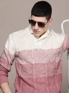 Roadster Men Cable Knit Colourblocked Pullover