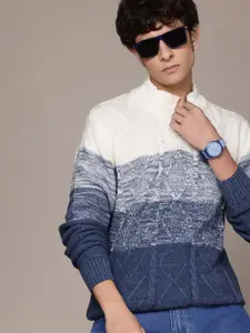 Roadster Men Cable Knit Colourblocked Pullover