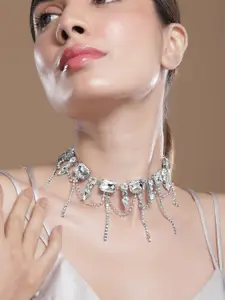 Rubans Rhodium-Plated Crystal AD & Zirconia Studded Cascading Fringe Layered Necklace