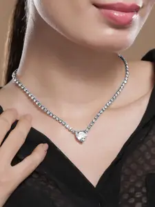 Rubans Rhodium Plated Crystal AD & Zirconia Studded Luxurious Heart Pendant Necklace