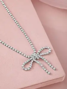 Rubans Rhodium Plated Cubic Zirconia Studded Statement Glamorous Bow Pendant Necklace